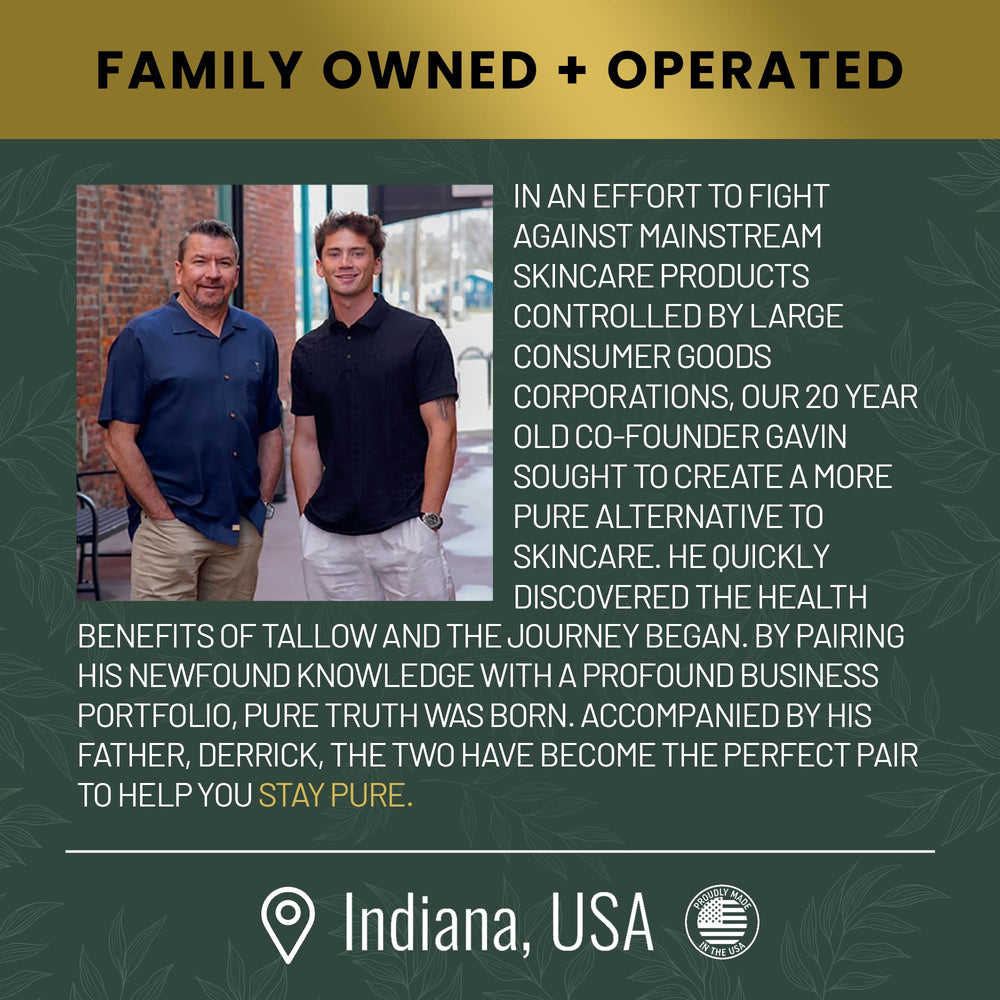 Pure Truth made-in-USA branding backdrop emphasizes family-owned origin.