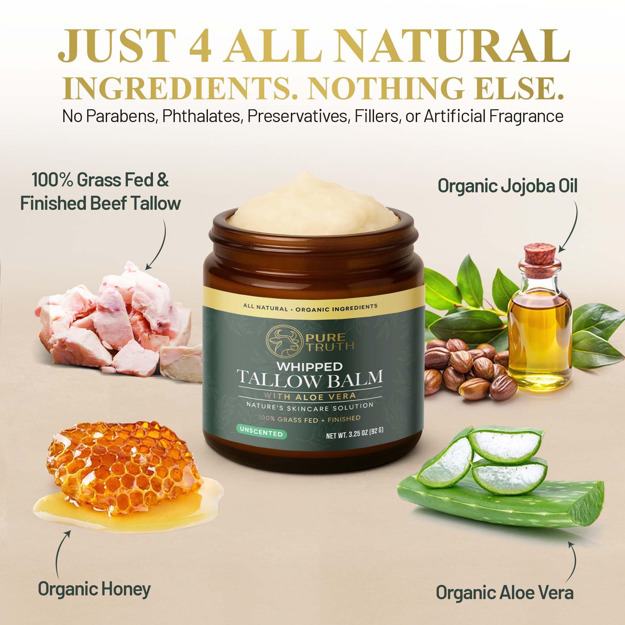 Pure Truth whipped tallow texture close-up highlights creamy, easy-to-apply balm.