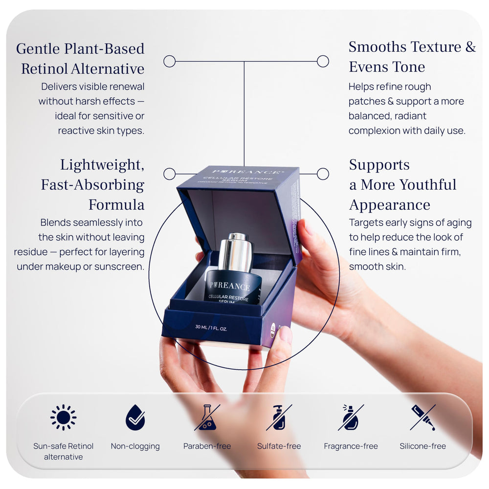 PUREANCE serum texture swatch demonstrates lightweight, fast-absorbing finish