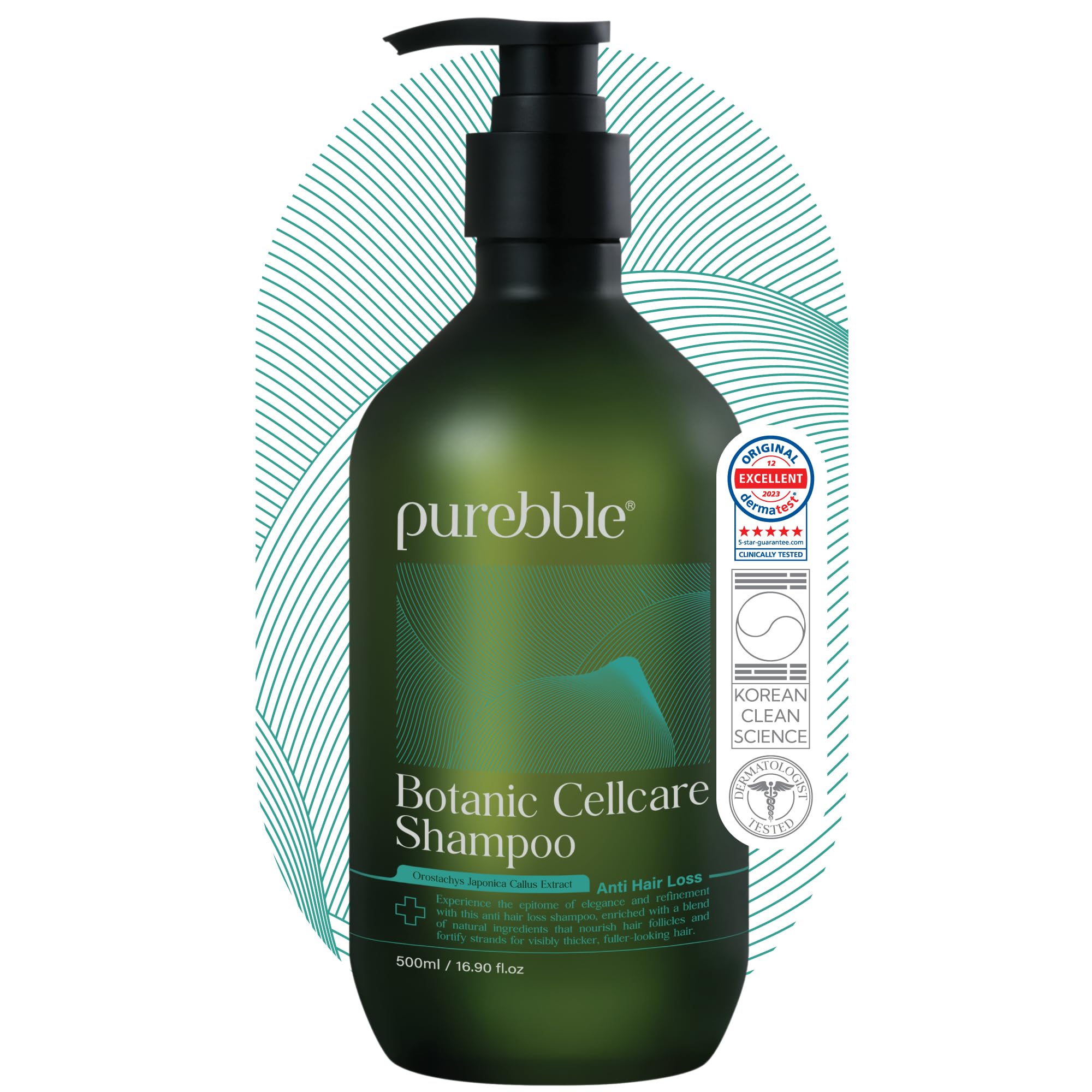 Purebble bottle pour showing scalp-friendly cleansing for refreshed hair.