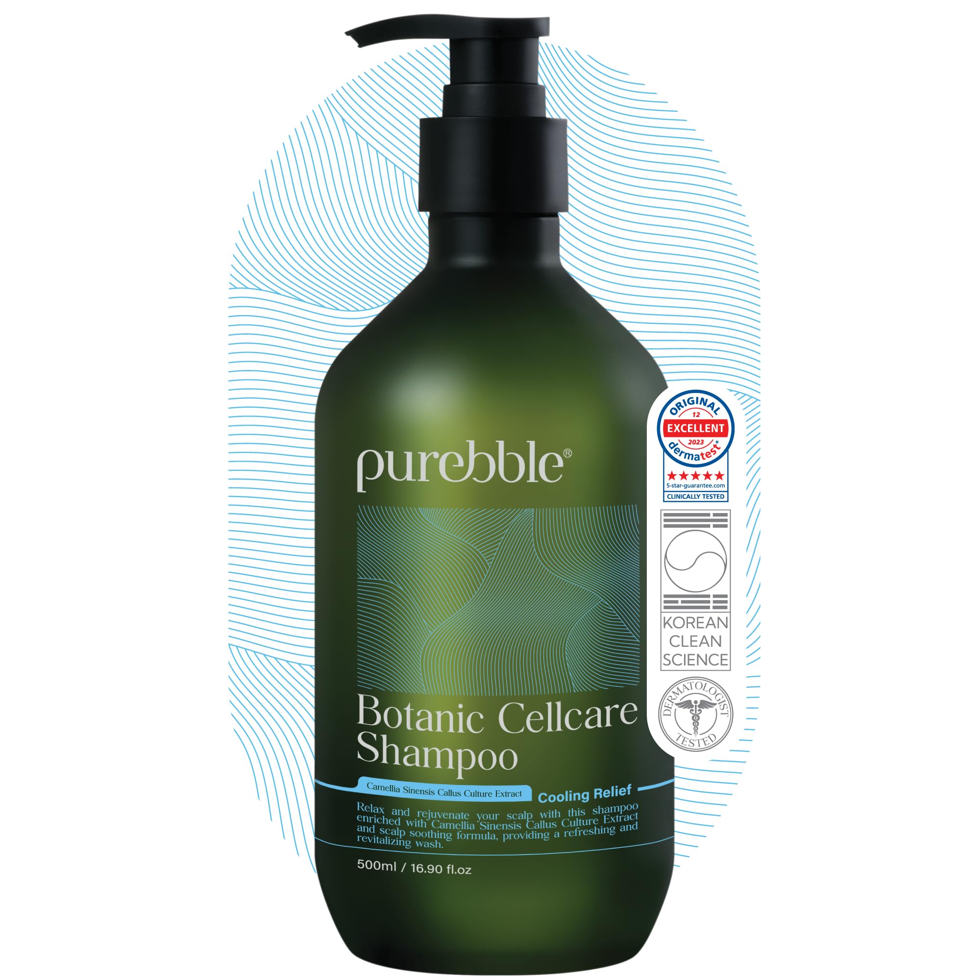 PUREBBLE Cooling Relief Shampoo bottle front shows soothing scalp care.
