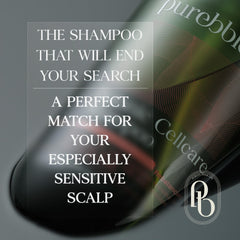 Purebble Rebalancing Botanic Shampoo label highlights plant-based formula for scalp balance.