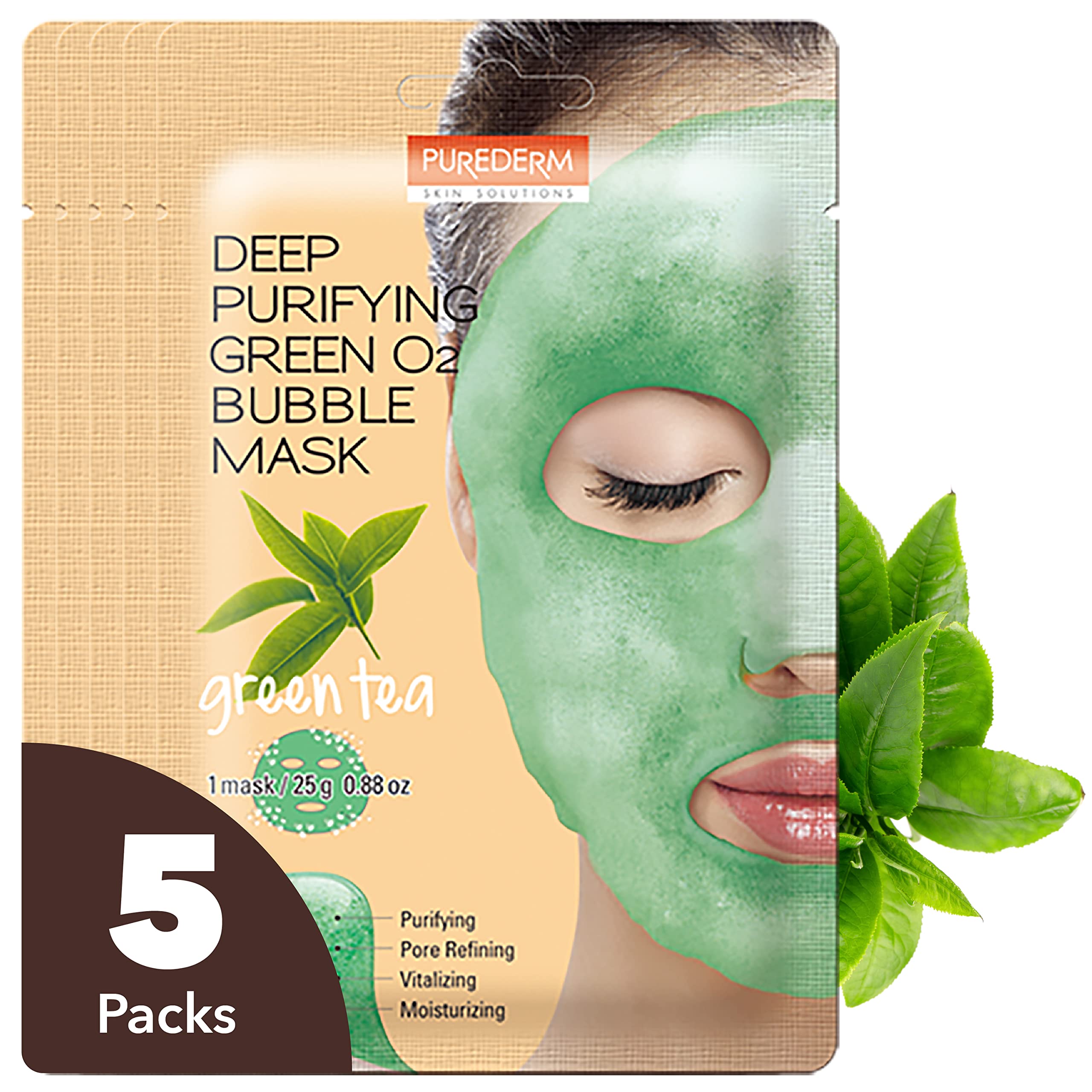 Purederm Deep Purifying Green O2 Bubble Mask packaging highlights refreshing cleansing
