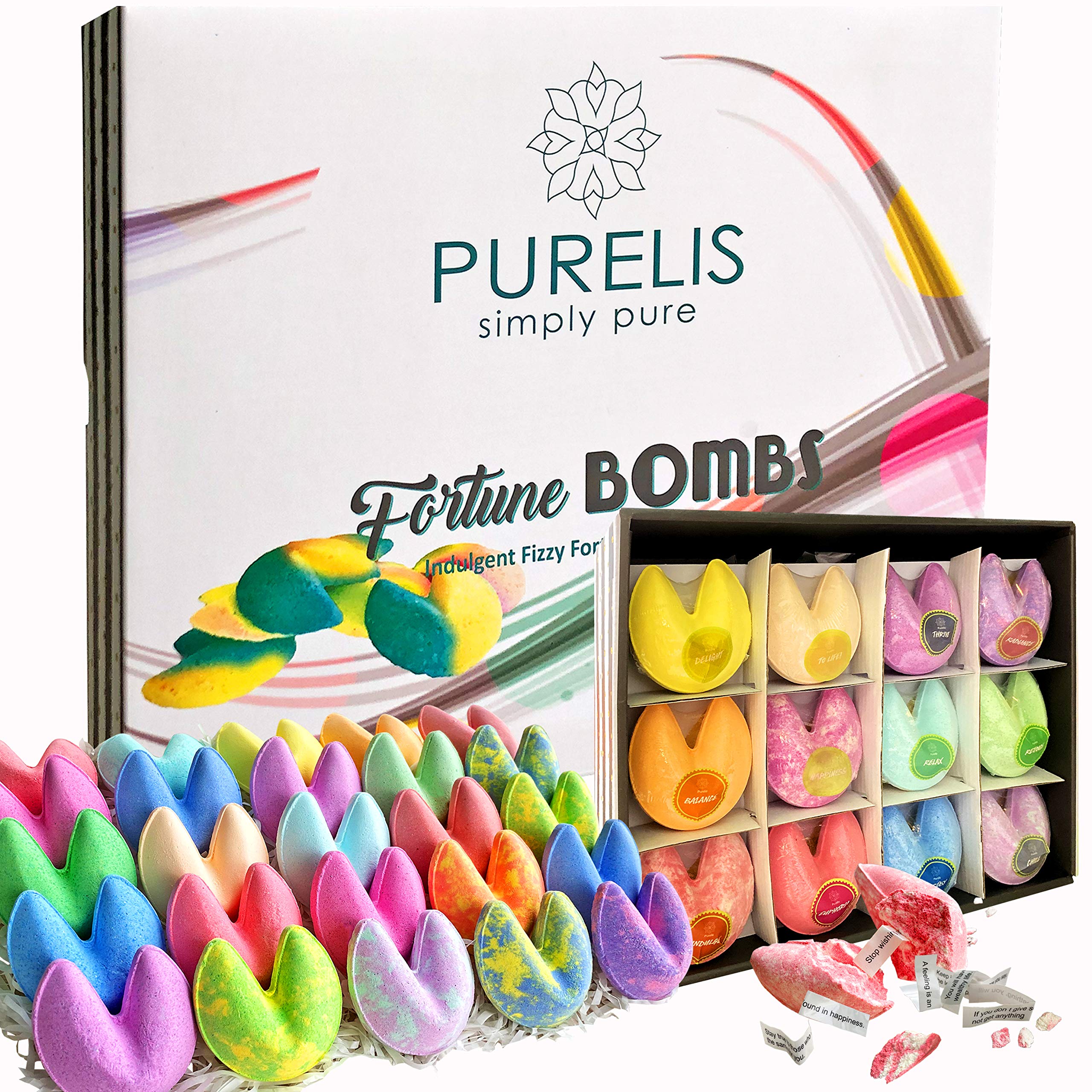 Purelis Naturals fortune cookie bath bomb with vibrant colors for a relaxing bath