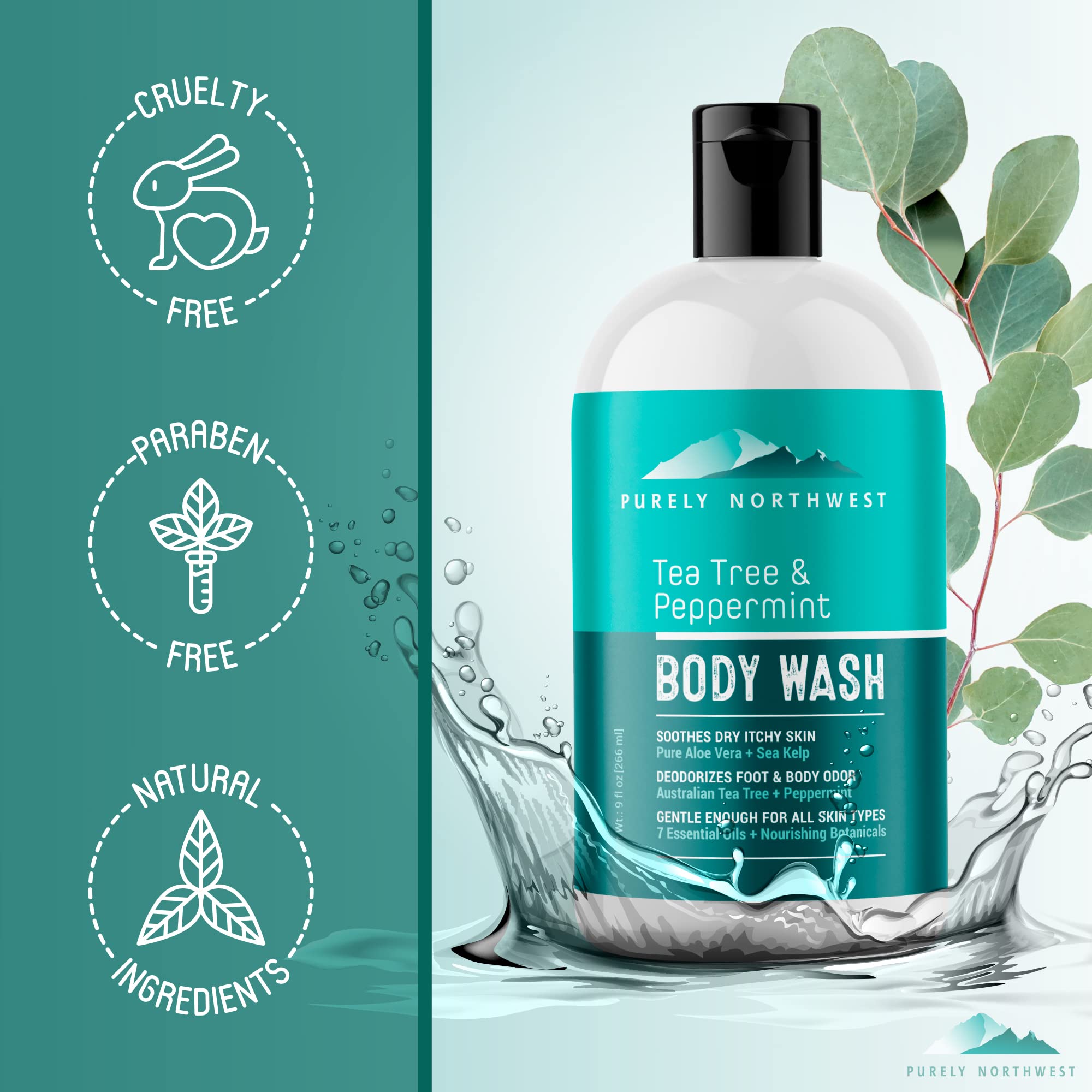 Purely Northwest Tea Tree Body Wash beside towels implies daily use after workouts.