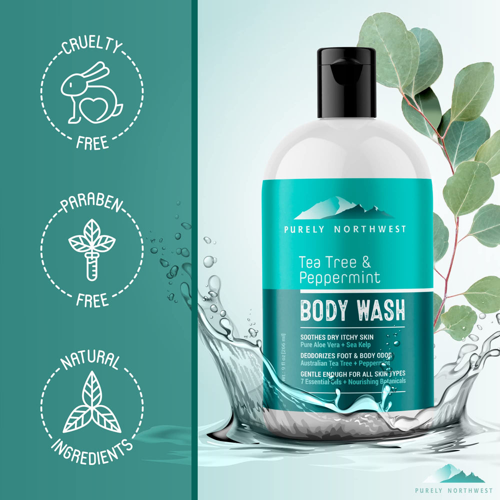 Purely Northwest Tea Tree Body Wash beside towels implies daily use after workouts.
