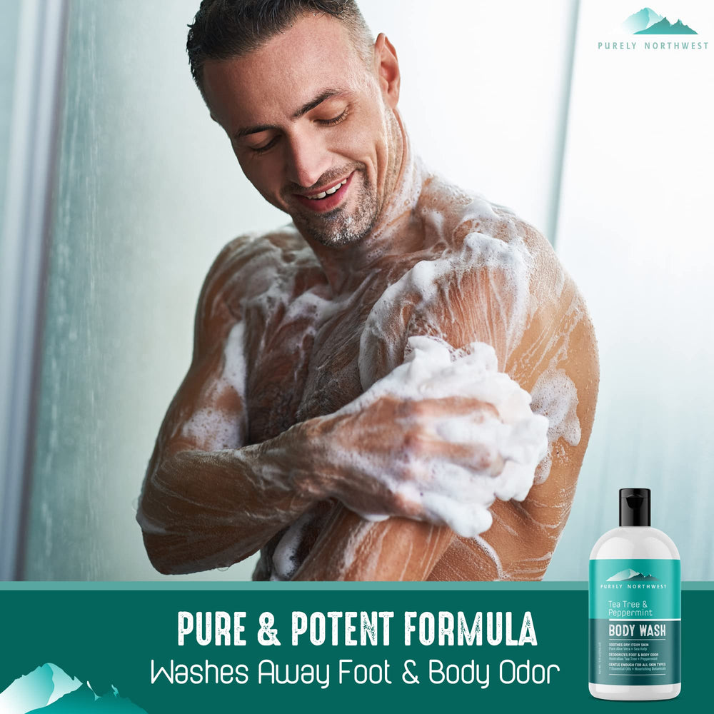 Purely Northwest Tea Tree Body Wash label close-up highlights natural ingredients.