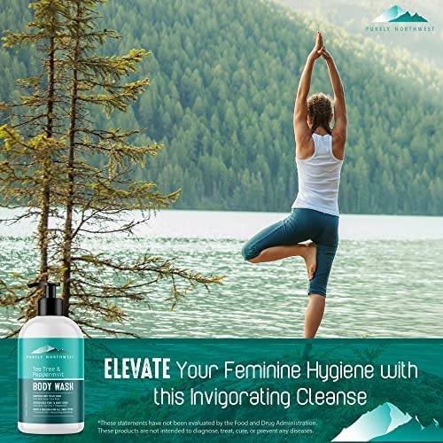 Purely Northwest Tea Tree Body Wash pump bottle shows easy, mess-free dispensing.