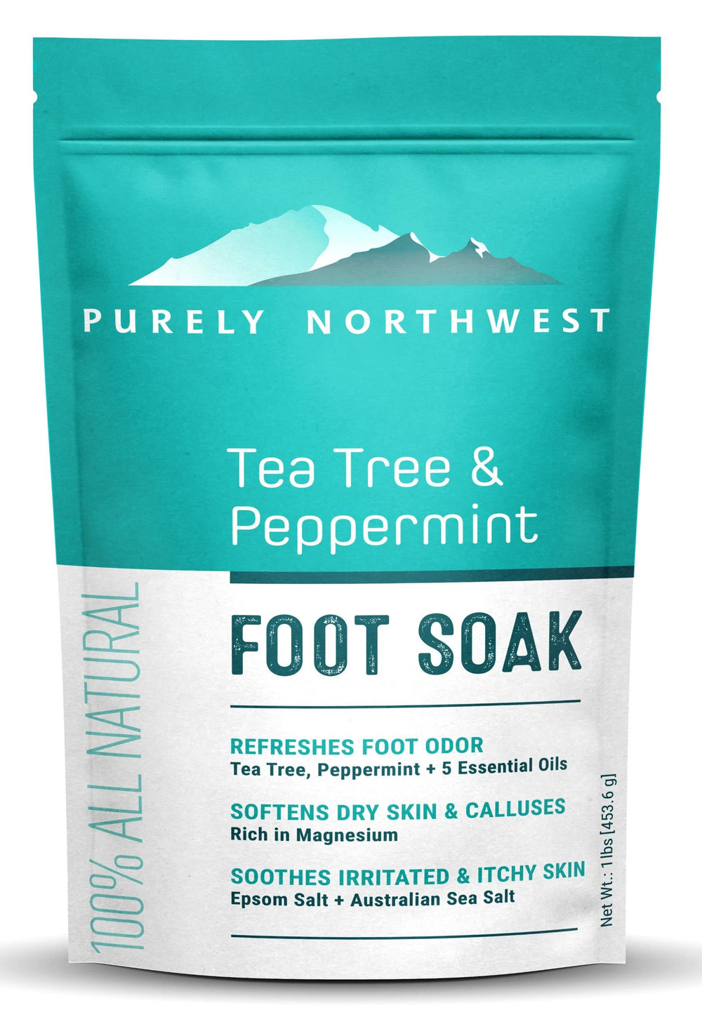 Purely Northwest Tea Tree Foot Soak bottle for soothing feet after long days.