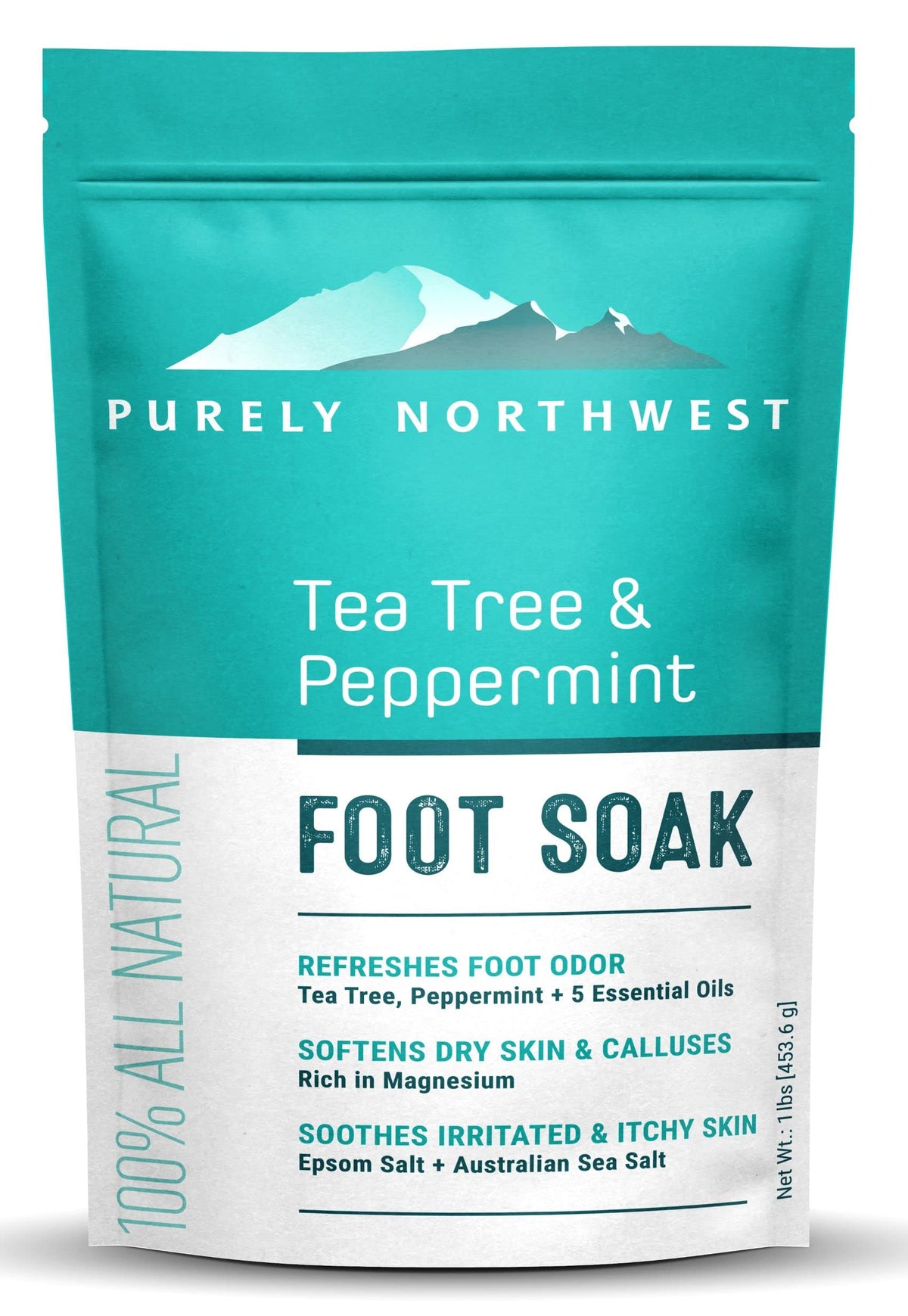 Purely Northwest Tea Tree Foot Soak bottle for soothing feet after long days.