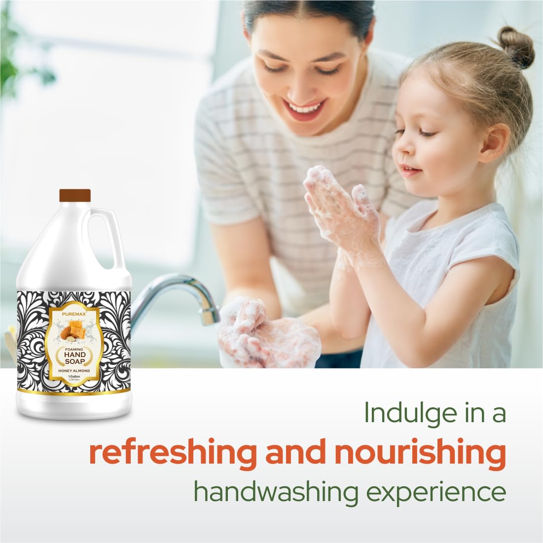 Creamy foam texture of Puremax Honey Almond foaming soap in action.