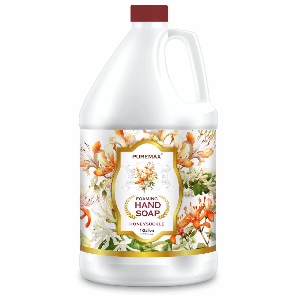 Puremax Honeysuckle foaming hand soap refill bottle shows thick, creamy foam for cleansing