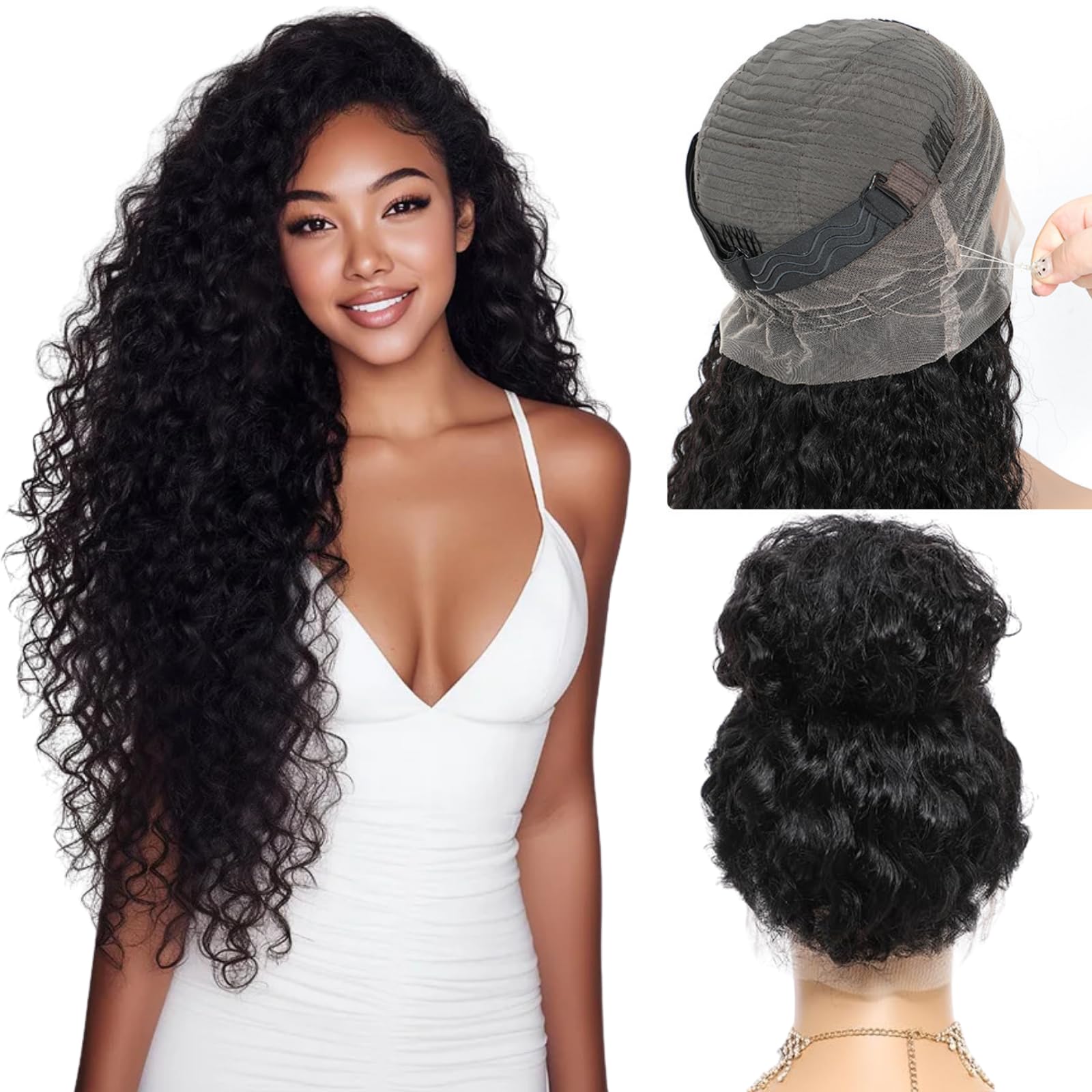 PureMiss hidden-strap water wave 360 wig top view for secure, comfortable wear