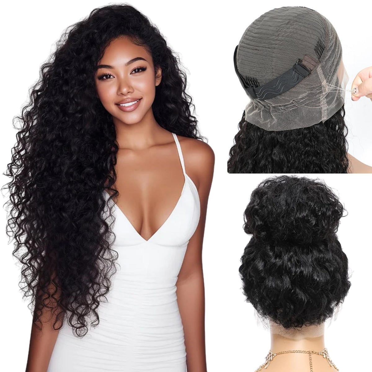 PureMiss hidden-strap water wave 360 wig top view for secure, comfortable wear
