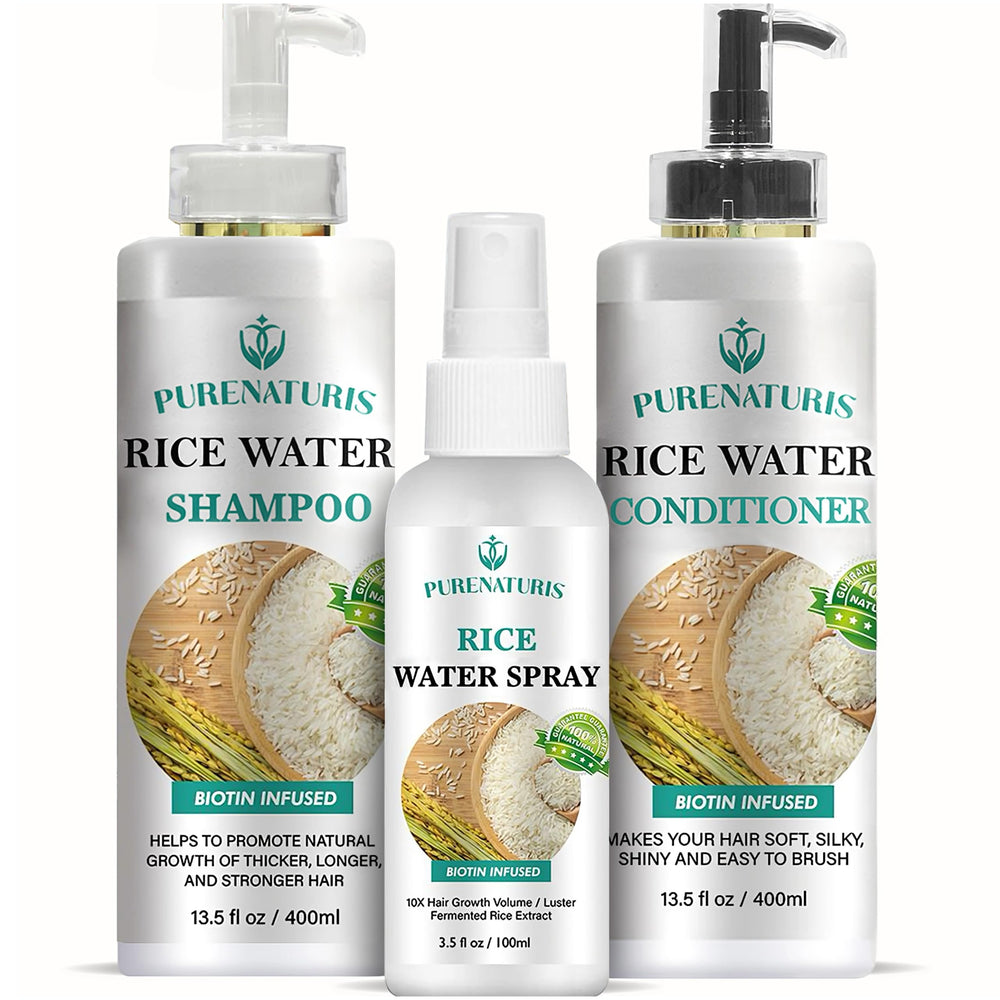 PureNaturis shampoo bottle with rosemary rice water for invigorated scalp and growth potential