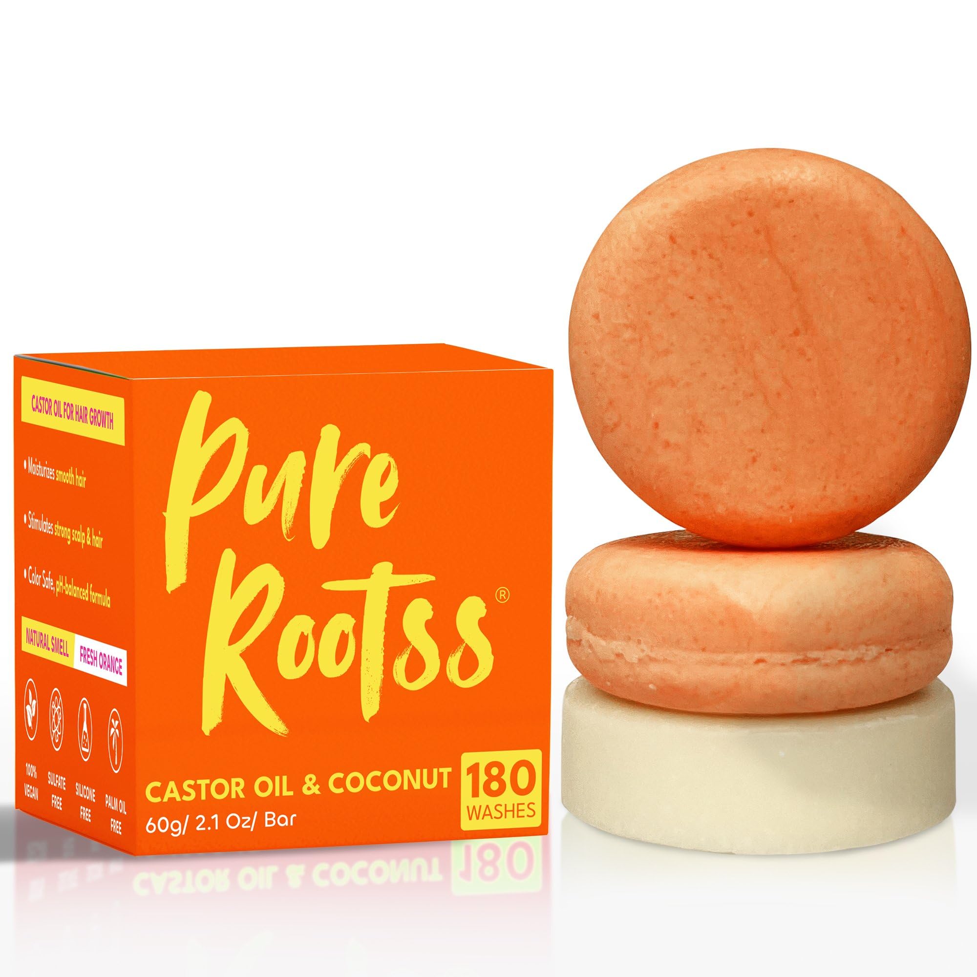 PureRootss castor oil shampoo bar packaging highlights eco-friendly design.