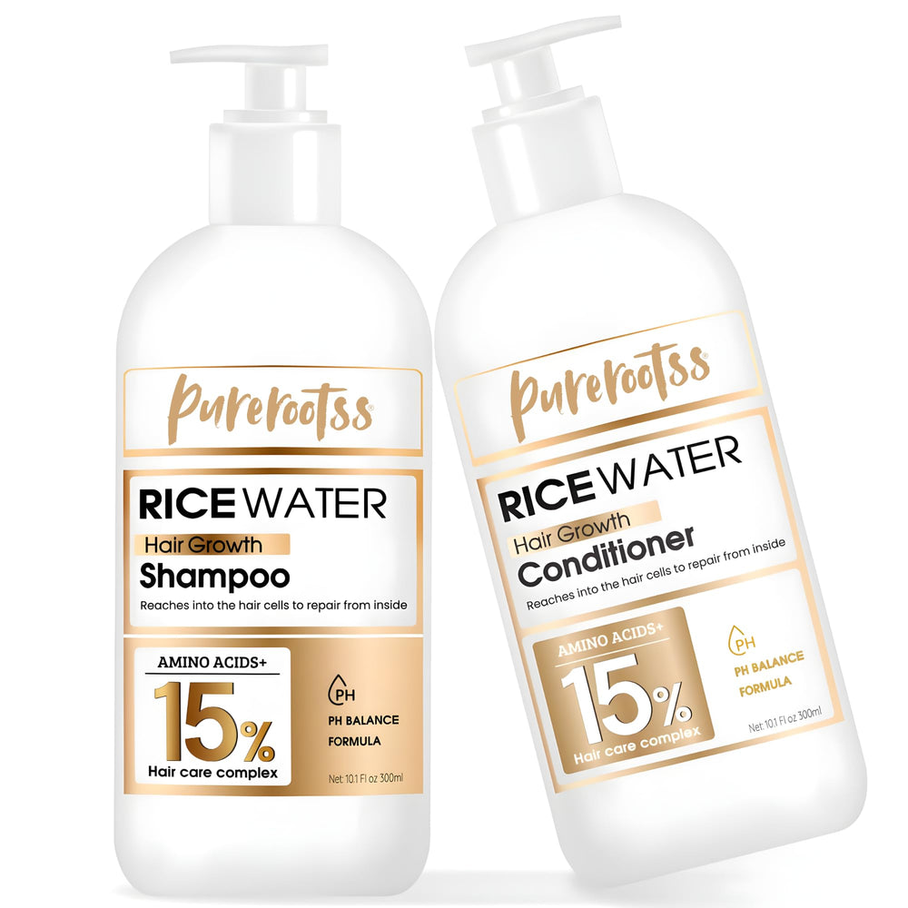 PureRootss rice-water-shampoo bottle shows nourishing scalp care and color-safe formula.