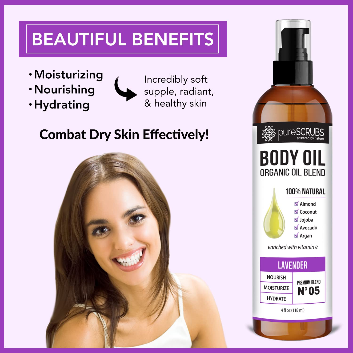 PureSCRUBS moisturizing oil glides on with a silky feel and quick absorption.