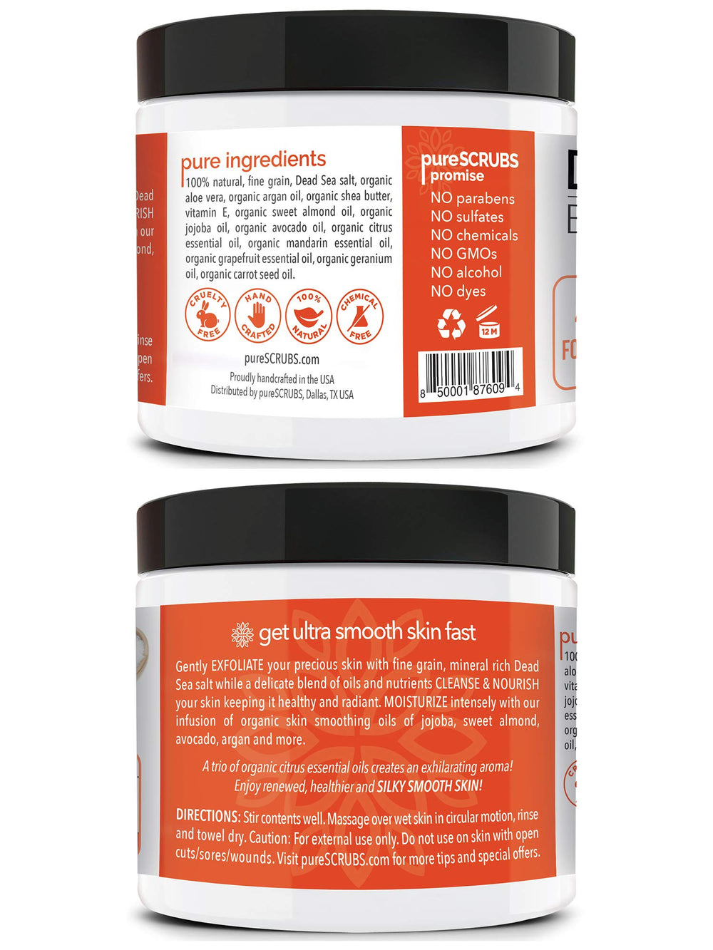 PureSCRUBS dead sea salt fine-grain texture for gentle, effective polishing.