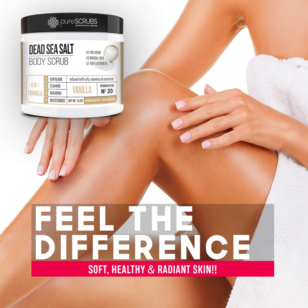 pureSCRUBS Dead Sea salt grains deliver refined texture and softness