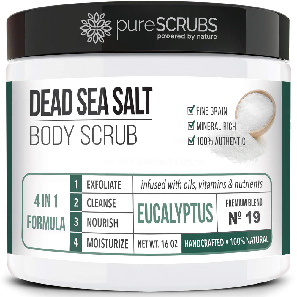 PureSCRUBS eucalyptus body scrub jar with exfoliating grains for smooth skin.