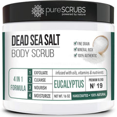 PureSCRUBS eucalyptus body scrub jar with exfoliating grains for smooth skin.