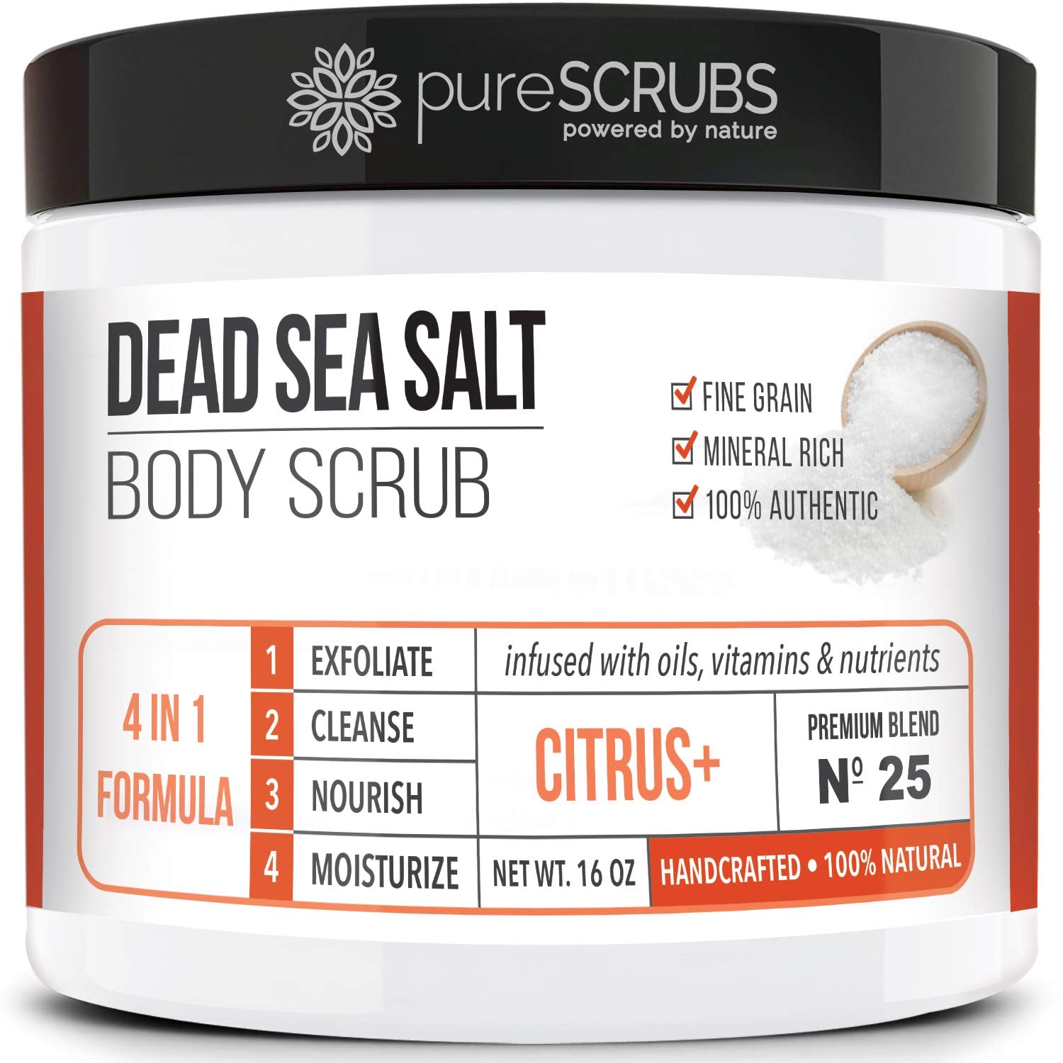 PureSCRUBS premium citrus body scrub jar for smoother skin after exfoliation.