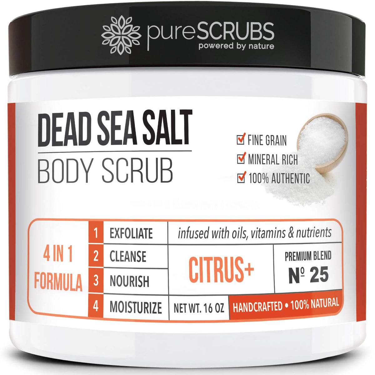 PureSCRUBS premium citrus body scrub jar for smoother skin after exfoliation.