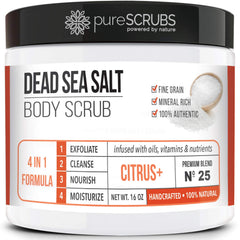 PureSCRUBS premium citrus body scrub jar for smoother skin after exfoliation.