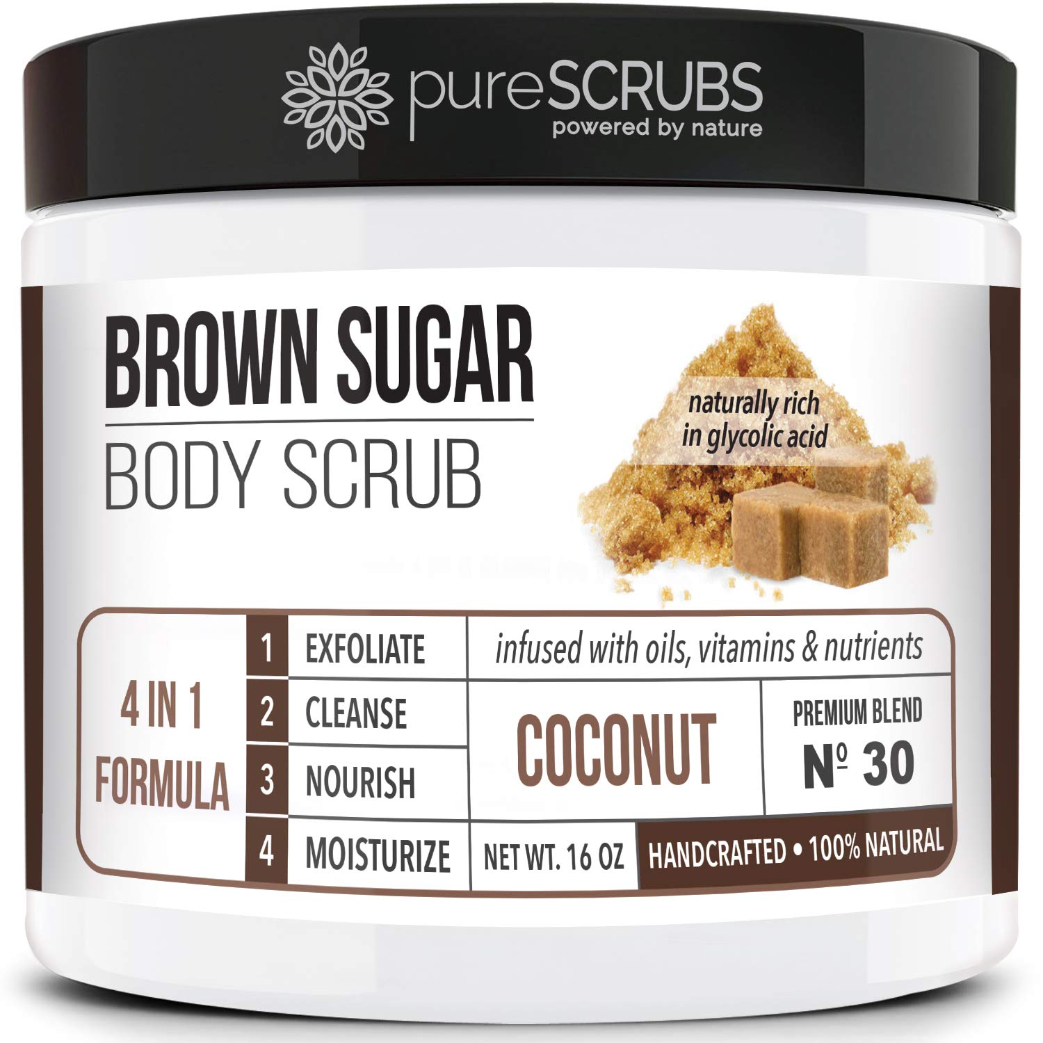 PureSCRUBS coconut brown sugar scrub jar for ultra-smooth skin.