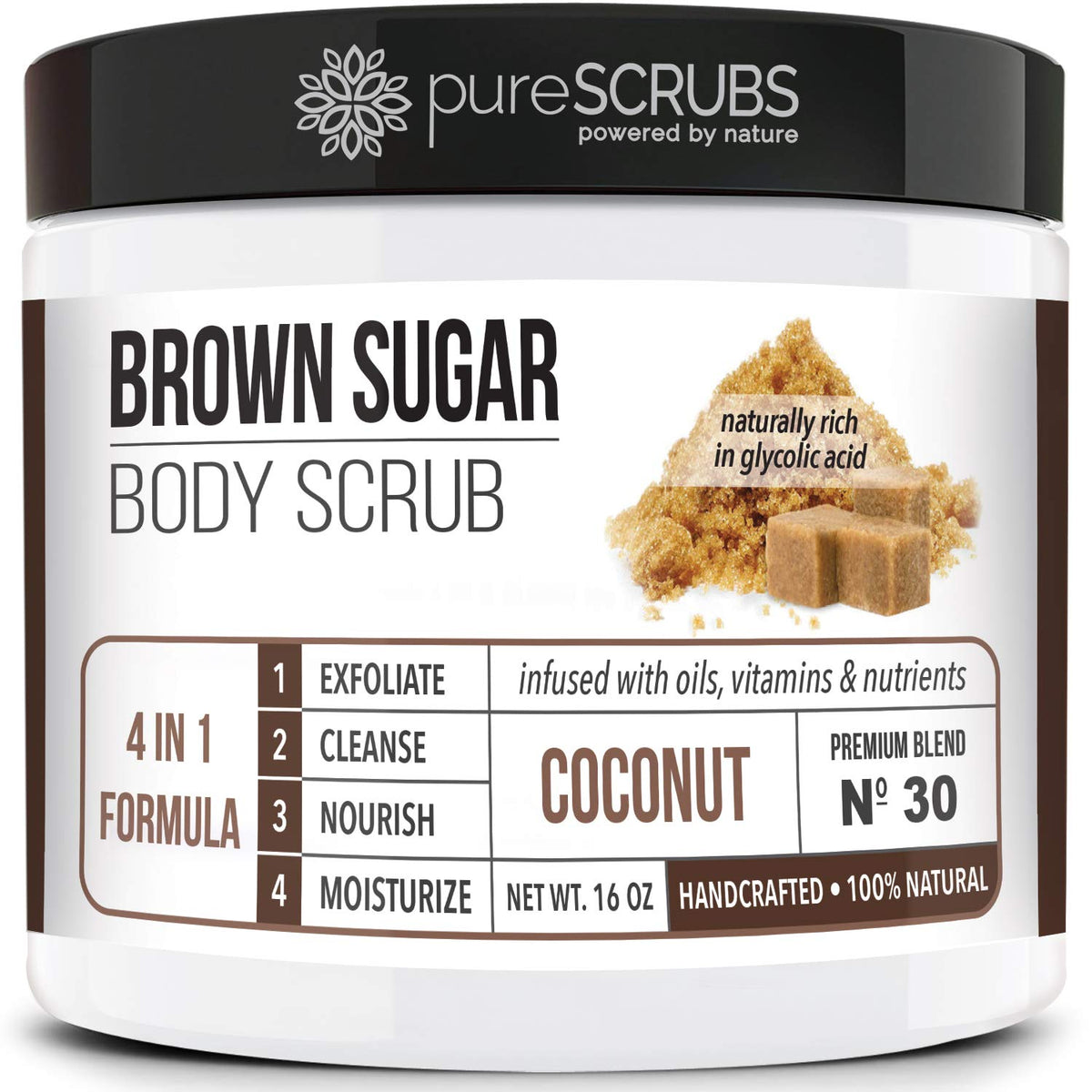 PureSCRUBS coconut brown sugar scrub jar for ultra-smooth skin.