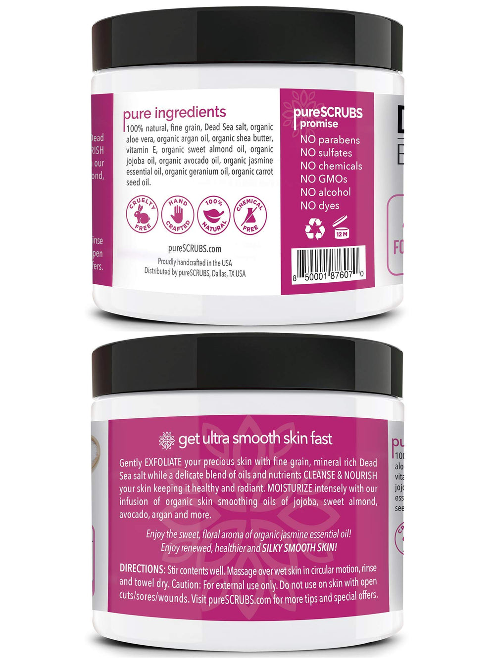 pureSCRUBS Jasmine scrub packaging highlights generous 16oz size