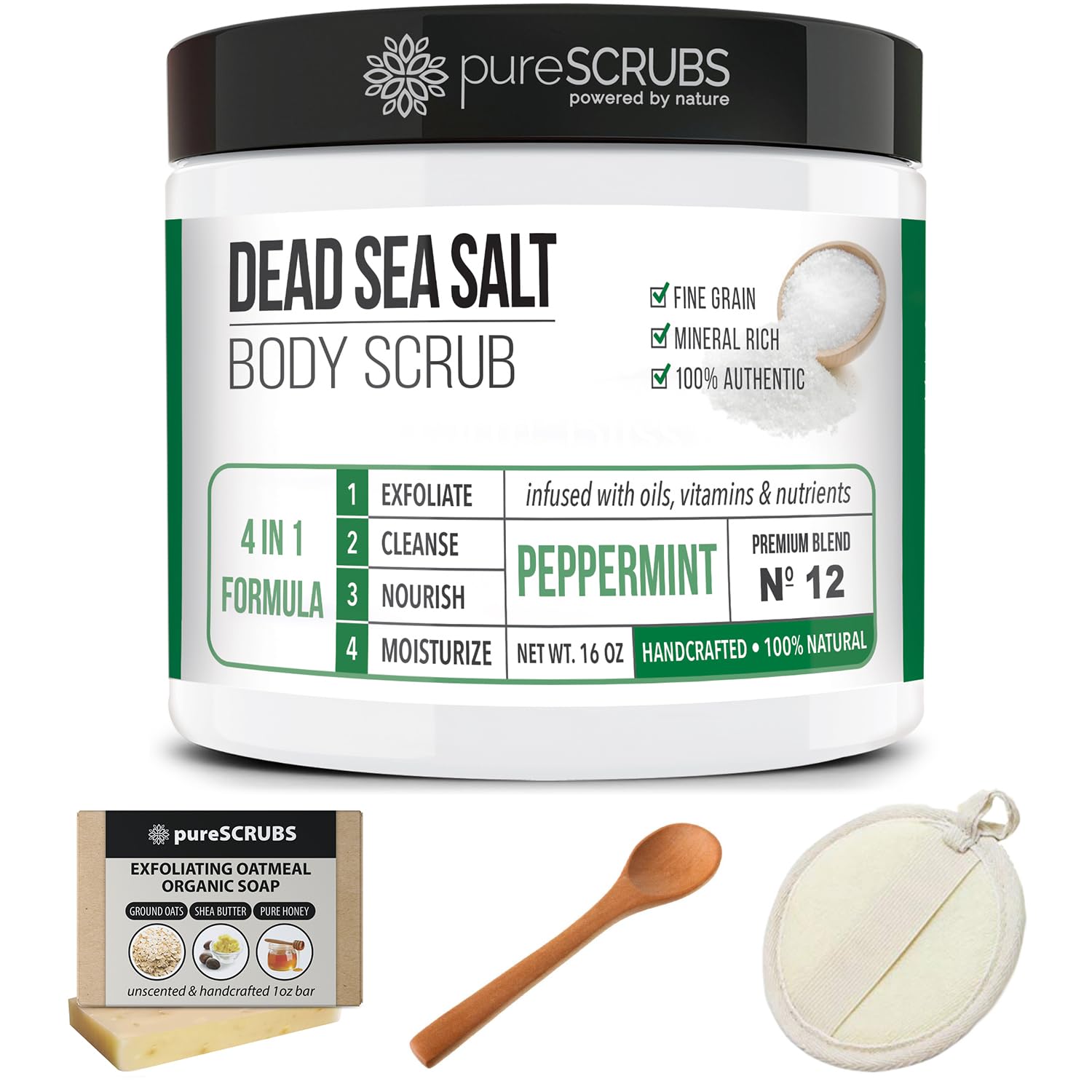 PureSCRUBS gift-ready set with scrub, spoon, loofah and soap.