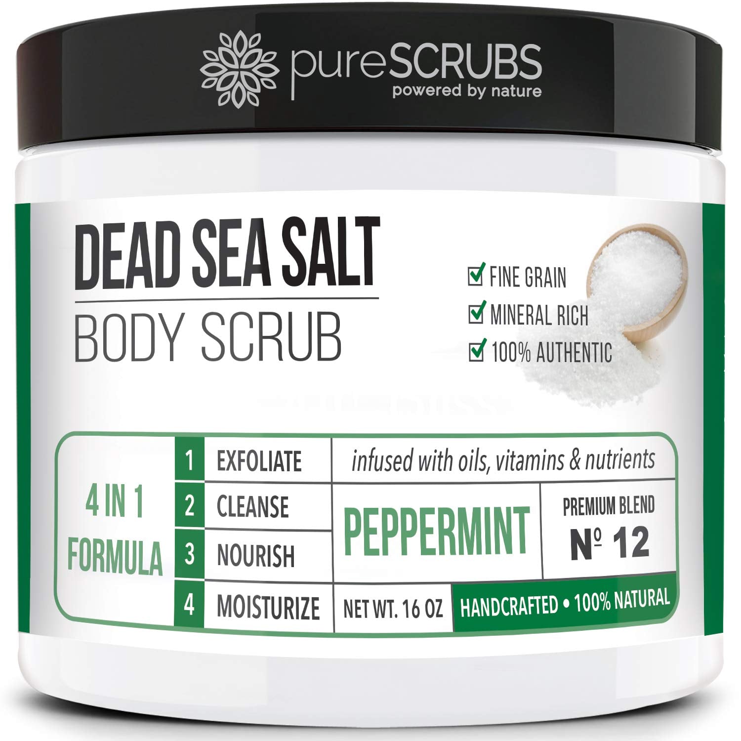 PureSCRUBS Peppermint Sea Salt Scrub in a large jar for smooth, radiant skin.