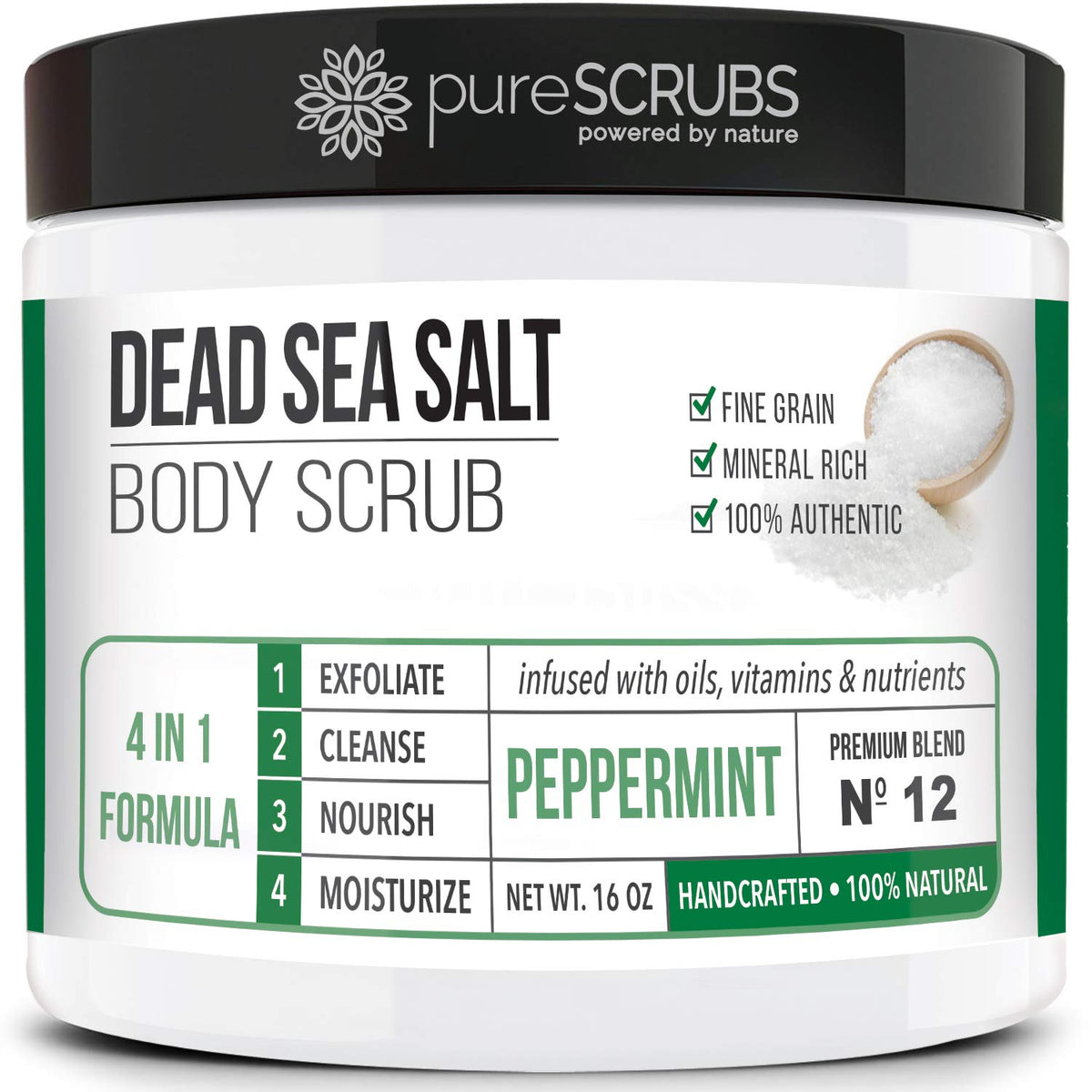 PureSCRUBS Peppermint Sea Salt Scrub in a large jar for smooth, radiant skin.