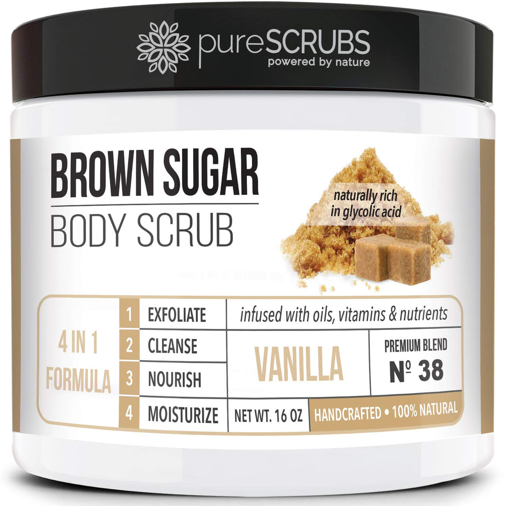 PureSCRUBS premium vanilla brown sugar scrub jar smooths rough skin for radiant feel