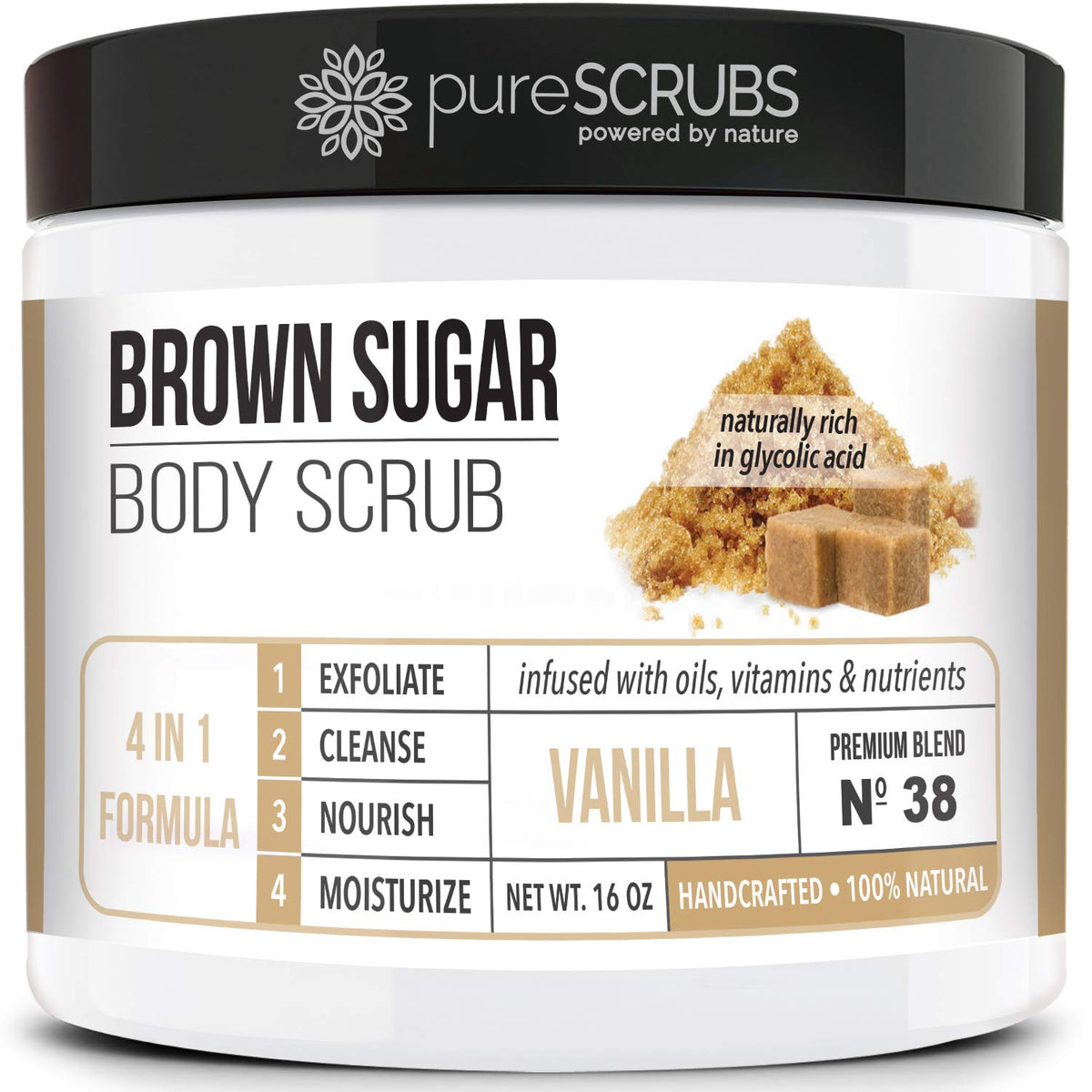 PureSCRUBS premium vanilla brown sugar scrub jar smooths rough skin for radiant feel