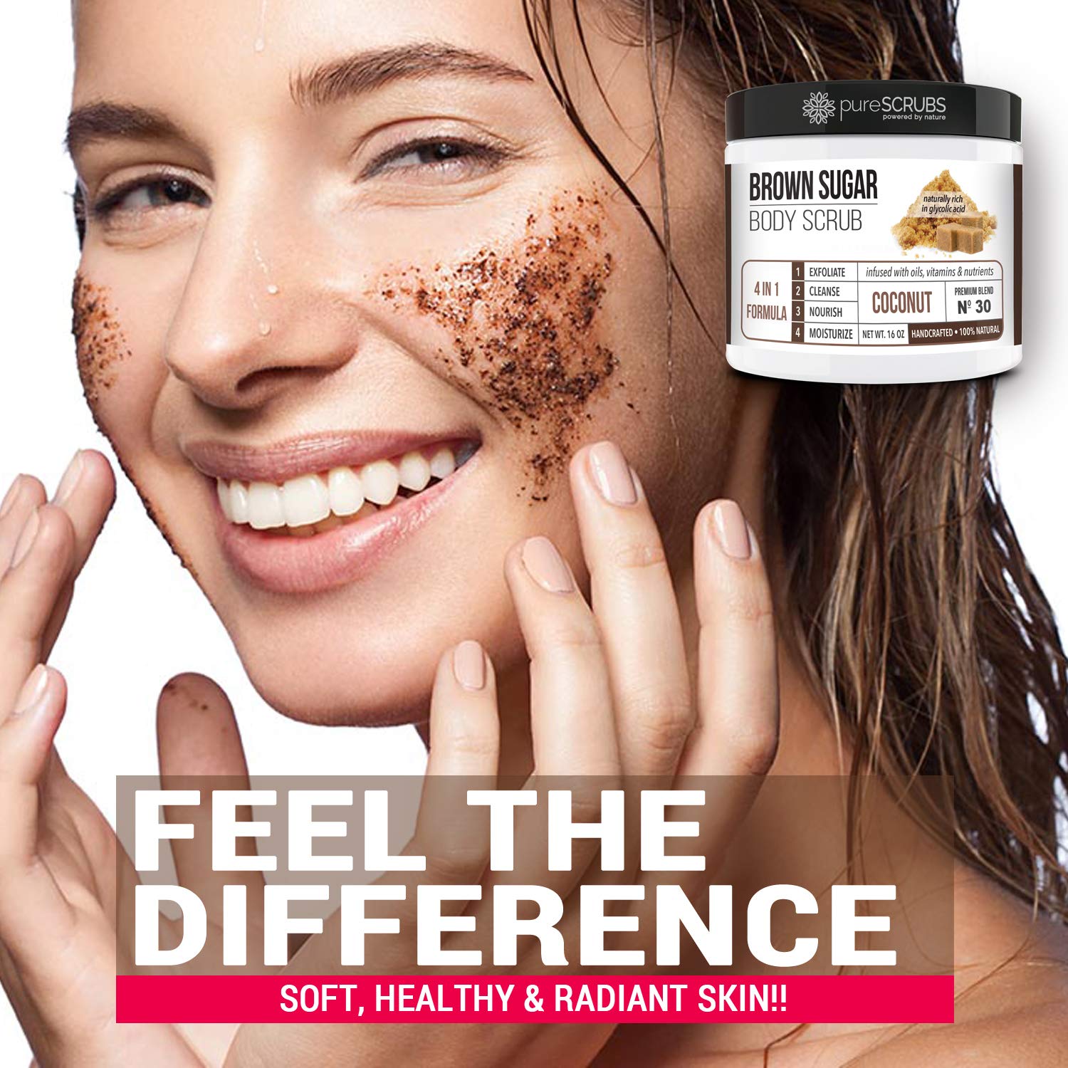 PureSCRUBS coconut sugar crystals for soft texture and nourished skin.