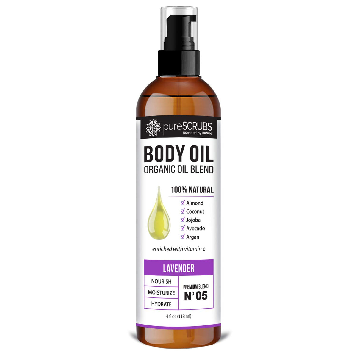 PureSCRUBS lavender body oil bottle delivers silky hydration for skin.