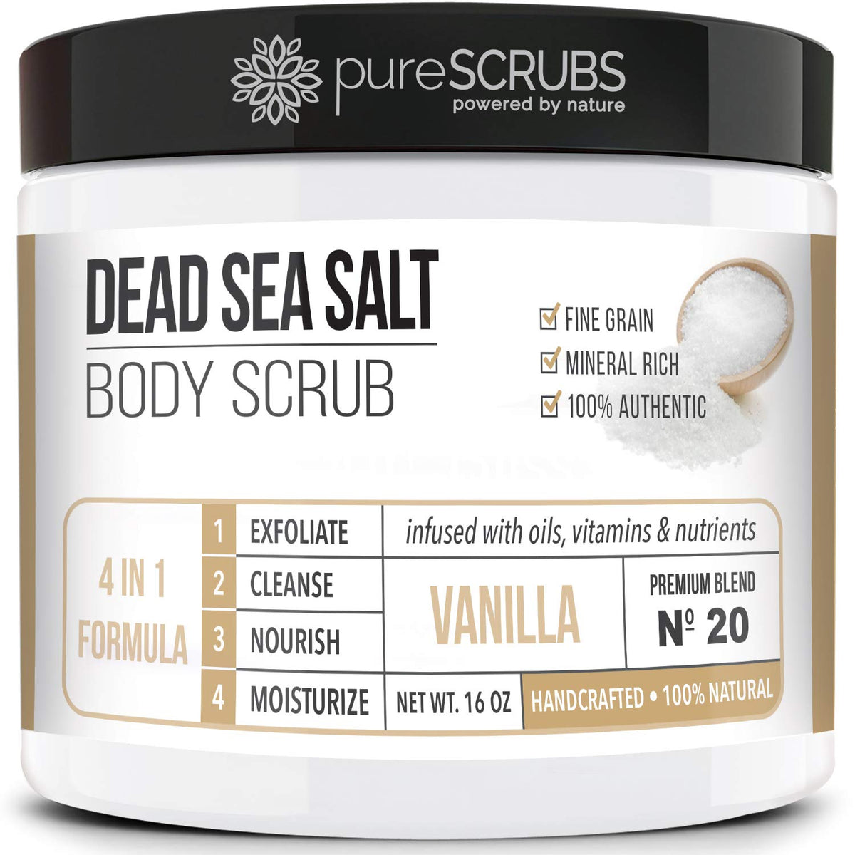 pureSCRUBS Vanilla Body Scrub jar showcases smooth, radiant skin with gentle exfoliation