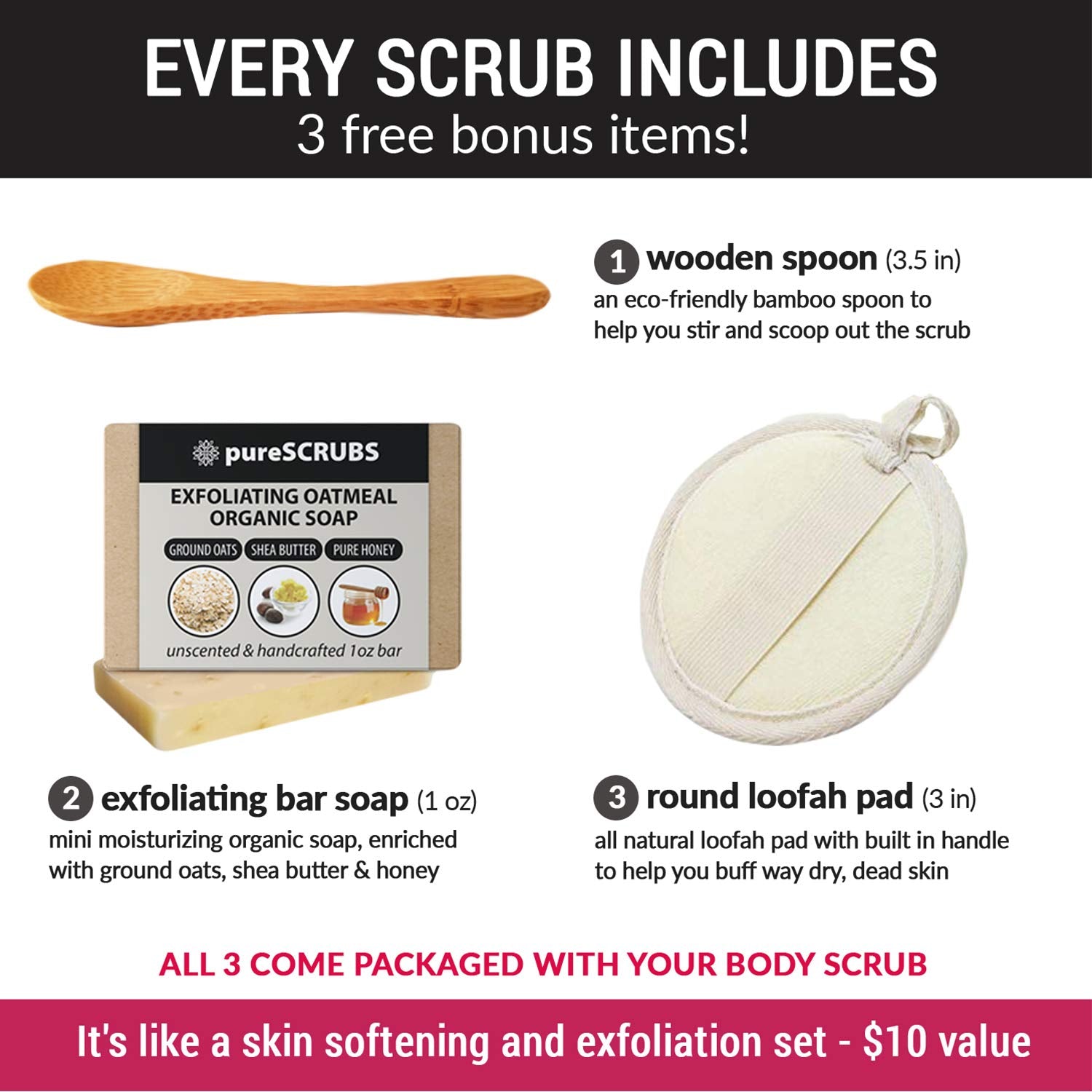 PureSCRUBS wooden spoon included for easy scooping and portion control.