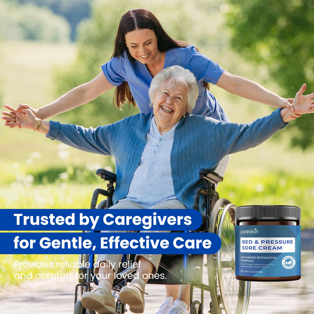 PURESKIN Bed Sore Cream caregiver-use scene demonstrates simple, caregiver-friendly application