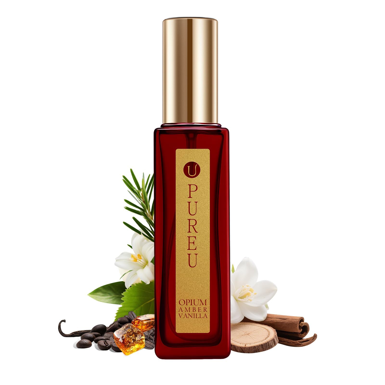 PUREU Opium Amber Vanilla bottle on vanity, premium finish for daily luxury.
