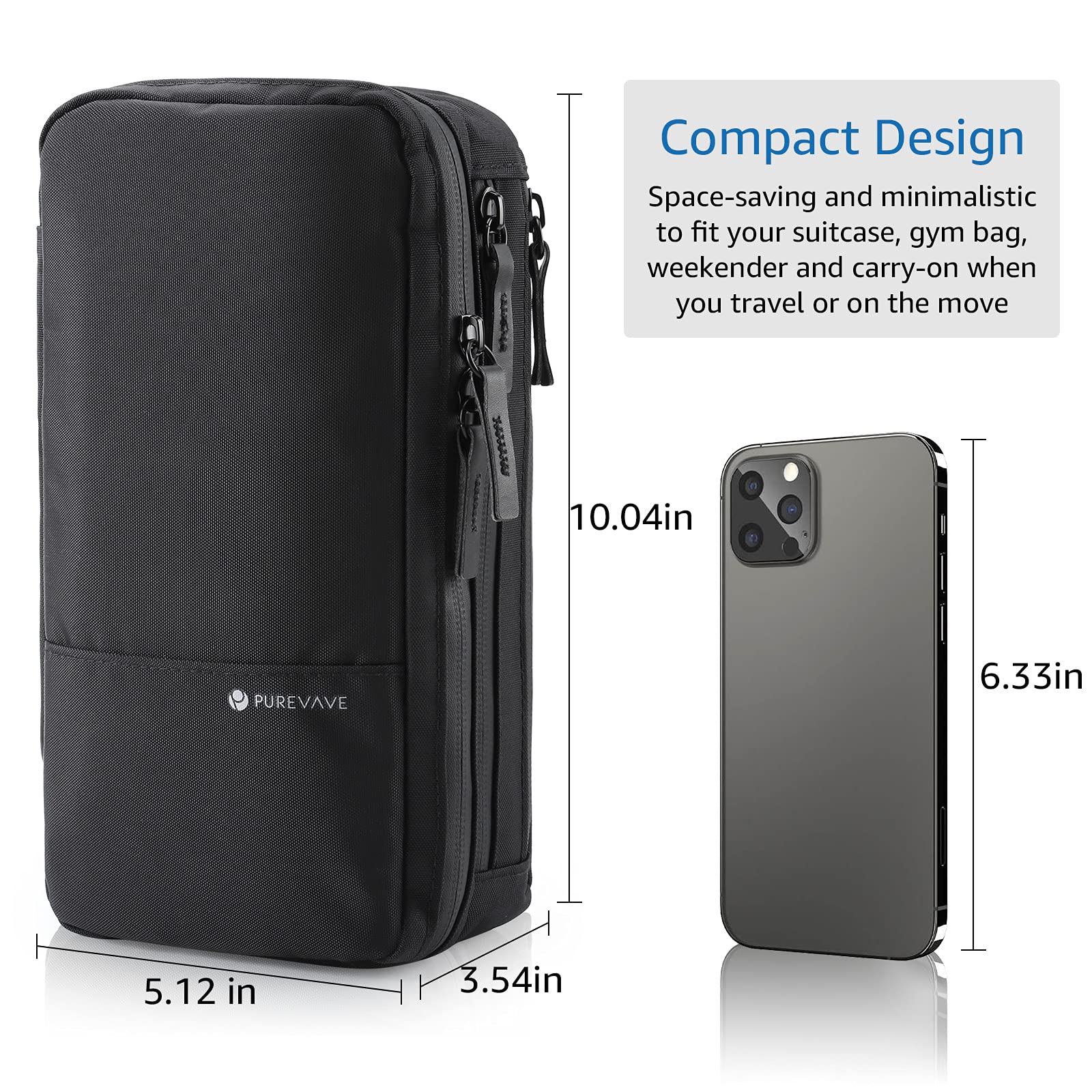 Purevave compact mens toiletry bag back compartment stores shaving kit and creams securely.