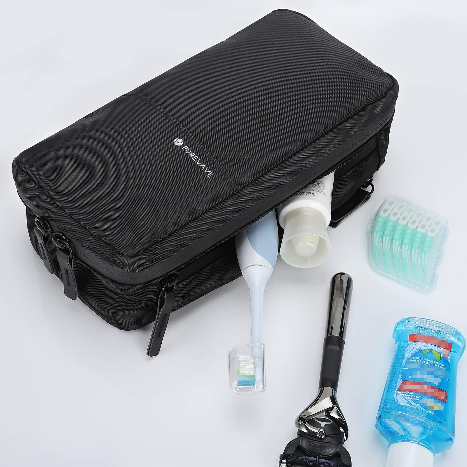 Purevave compact mens toiletry bag hidden buckle enables easy hanging.
