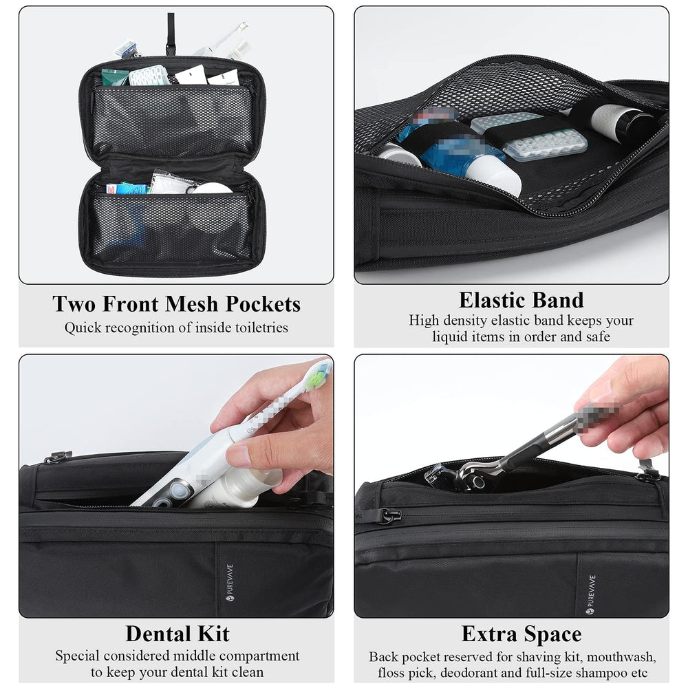 Purevave compact mens toiletry bag waterproof pockets protect travel-size toiletries.