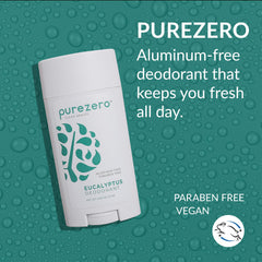 Purezero eucalyptus deodorant packaging, showcasing clean design and eco-friendly materials