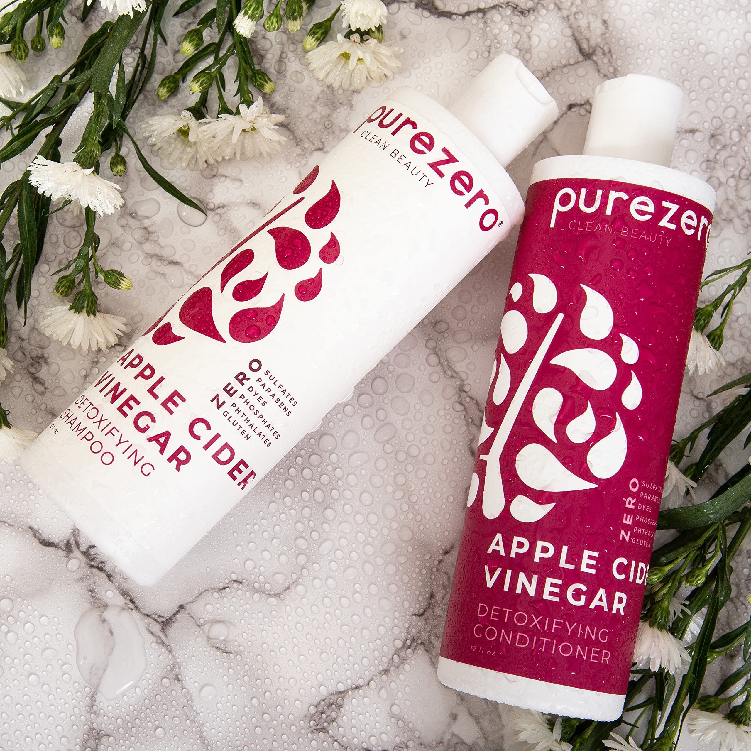 Purezero hair care routine bathroom scene implying hydration and healthy-looking tresses.