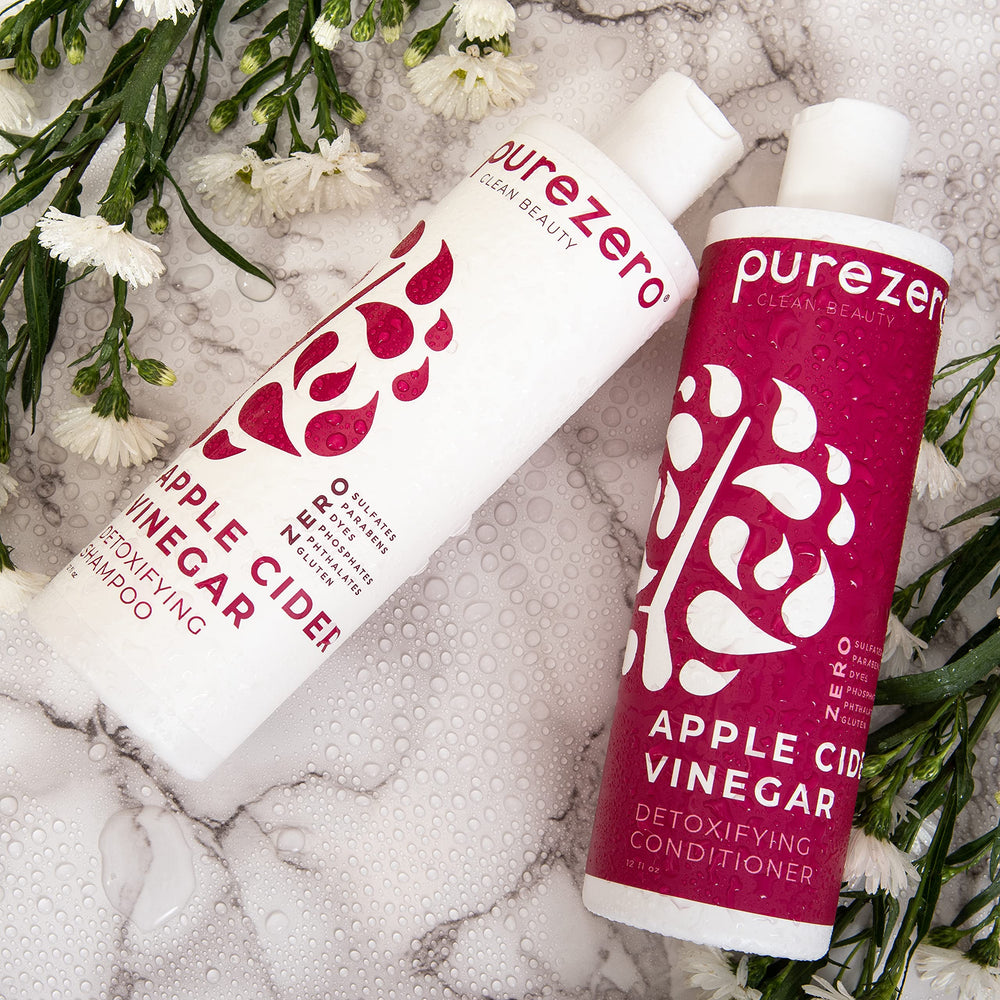 Purezero hair care routine bathroom scene implying hydration and healthy-looking tresses.