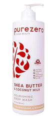 Purezero Shea Butter & Coconut Milk Body Wash bottle designed for daily hydration.